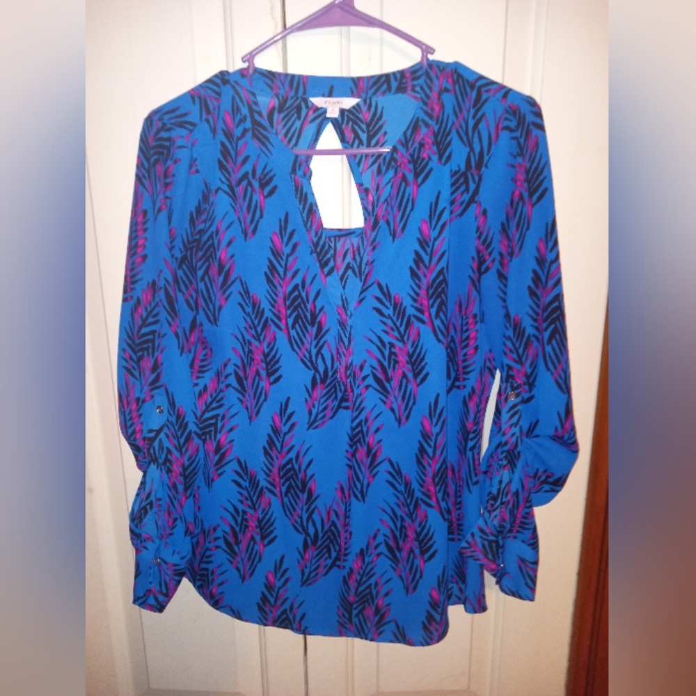 Candie's Blue Blouse with Black and Magenta Leaf Print